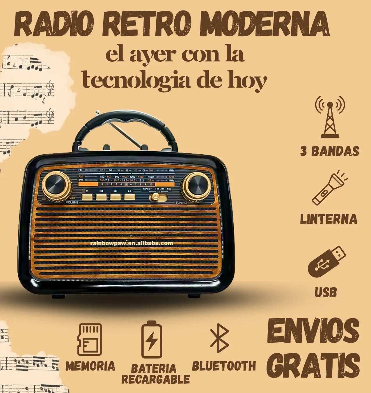 Radio Retro Moderna - 3 Bandas, Bluethooth & USB